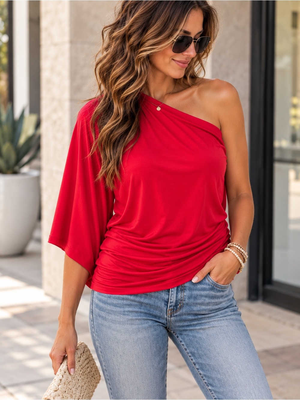 Umgee USA Red One Shoulder Dolman Sleeve Ruched Top